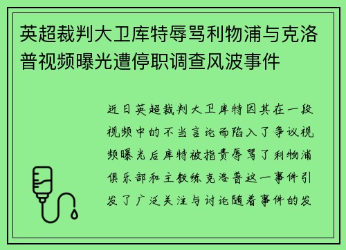 英超裁判大卫库特辱骂利物浦与克洛普视频曝光遭停职调查风波事件