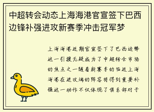 中超转会动态上海海港官宣签下巴西边锋补强进攻新赛季冲击冠军梦