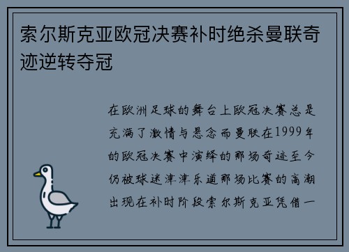 索尔斯克亚欧冠决赛补时绝杀曼联奇迹逆转夺冠